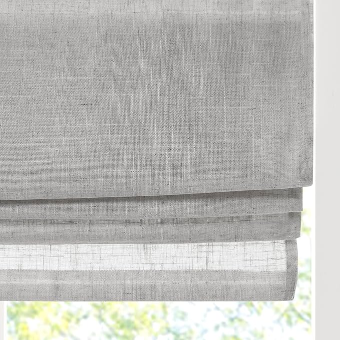 Madison Park Kyler Cordless Roman Shades - Single Panel, Lightweight Linen Blend Fabric, Natural Design, Easy Installation, Light Filtering Window Blind, Bedroom, Living Room Decor 29" W x 64" H Grey