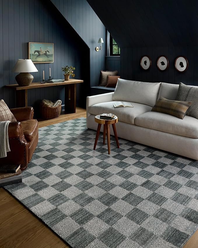Loloi Chris Loves Julia Calvin Collection CLV-01 Blue/Ivory 5'-3" x 7'-6" Area Rug Checkered Neutral Soft Living Room Bedroom Carpet