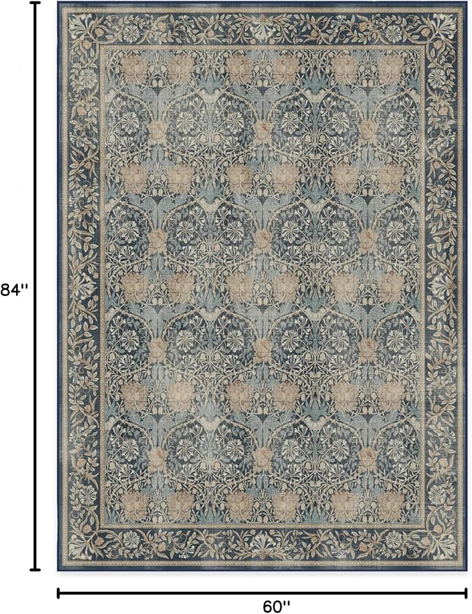 RUGGABLE x Morris & Co Machine Washable Area Rug – Honeysuckle & Tulip Blue 5x7, Stain-Resistant, Non-Slip – Medium Rugs for Living Room, Bedroom, Hallway, Entryway & Office–with Cushioned Pad