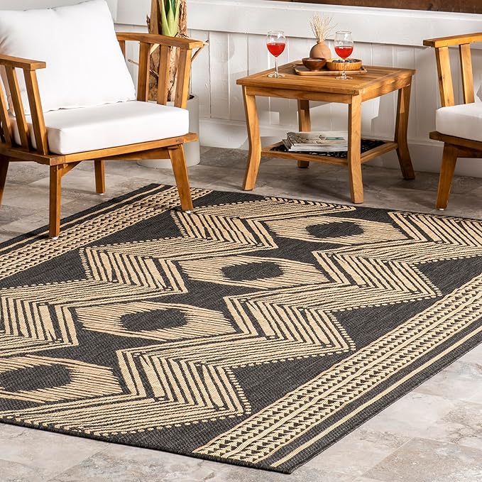 nuLOOM 8' x 10' Outdoor Tribal Geometric Area Rug, Stain Resistant, Weather Resistant, High Traffic, Patio, Balcony, Outside, Ranya Dark Grey