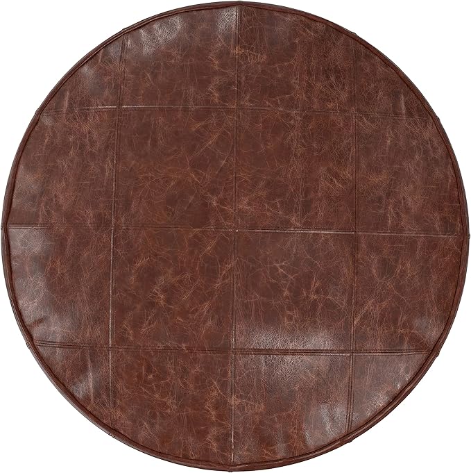 SIMPLIHOME Connor Boho Round 34 inch Round Coffee Table Pouf in Distressed Brown Genuine Leather for the Living Room, Bedroom and Kids Room