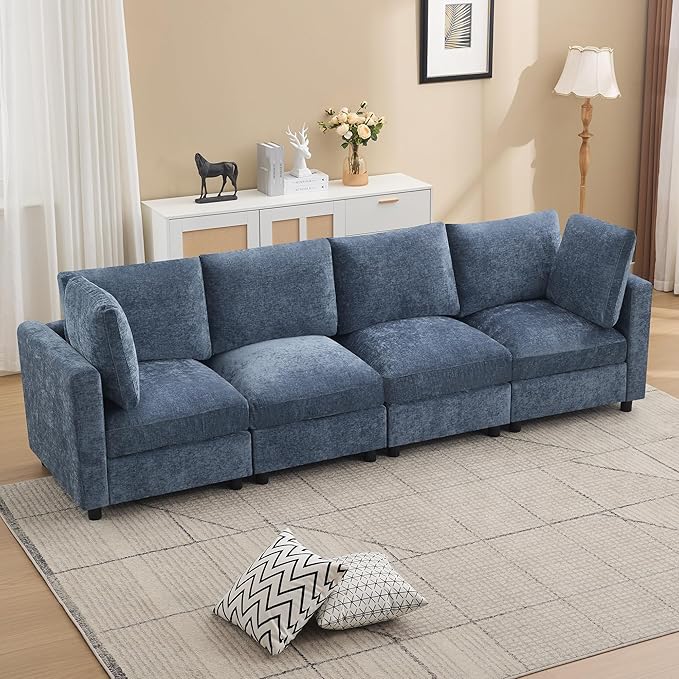 4-Seater Modular Sectional Cloud Sofa, Straight-Line Couches for Living Room, Modern Upholstered Deep Seat Sofa, Chenille Blue