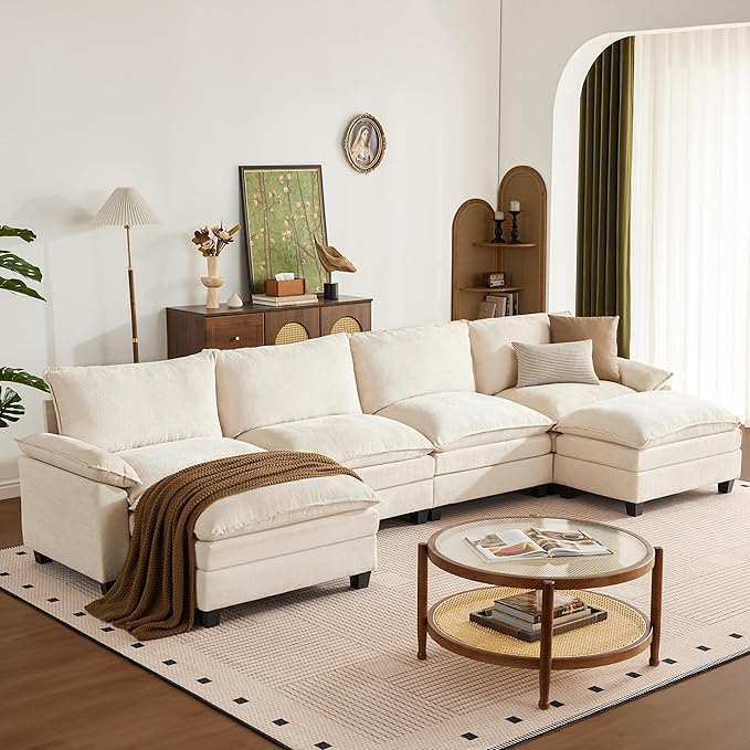 147 Inch Big Comfy Couch with Ottoman, 6 Seat U Shaped Couches, Cloud Modular Sectional Sofa, Modern Cloud Couch Sectionals, Sectional Couches for Living Room, Oversize Deep Seat Sofa, Beige