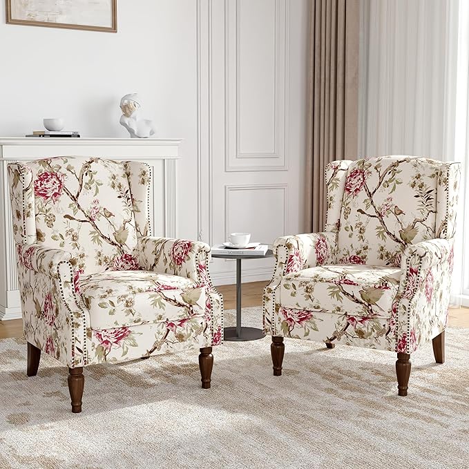 Floral Wingback Accent Chairs Set of 2, High Back Upholstered Armchair, Comfy Fabric Wingback Arms Chairs with Solid Wood Legs, Single Sofa Reading Chair for Bedroom Living Room, Beige
