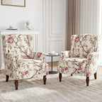 Floral Wingback Accent Chairs Set of 2, High Back Upholstered Armchair, Comfy Fabric Wingback Arms Chairs with Solid Wood Legs, Single Sofa Reading Chair for Bedroom Living Room, Beige