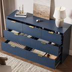 3-Piece Dresser Bedroom Set, 7 Drawer Dresser & 3 Drawer Nightstands with Gold Handles, Fluted Wood Chest of Drawers for Bedroom, Living Room, Entryway, Navy Blue