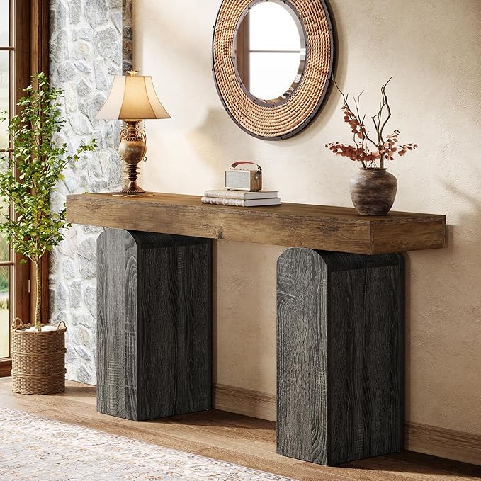 Tribesigns 63" Long Entryway Table, Farmhouse Console Table with 2 Arched Pedestal Legs, Wooden Sofa Console Behind The Couch for Entrance, Hallway, Living Room (Vintage Brown & Grey)