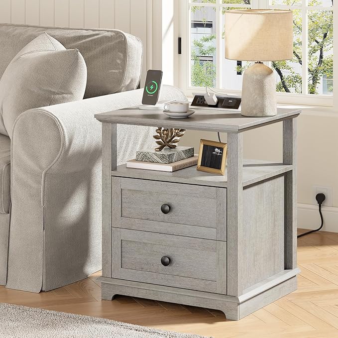 HIFYOBRO Large End Table Set of 2, 2 Drawers and Hidden Charging Station, Type-C & USB Port & Power outlets, Wooden End Table, Side Table with Storage for Living Room and Bedroom