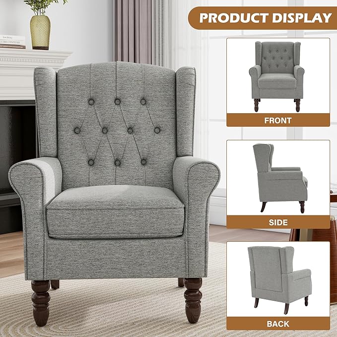Mid-Century Modern 2-Piece Wingback Chair Set - Plush Upholstered Accent Chairs with Solid Wood Legs, High Back Lounge Seating for Living Room, Bedroom & Office - Retro Matched Pair (Light Gray)
