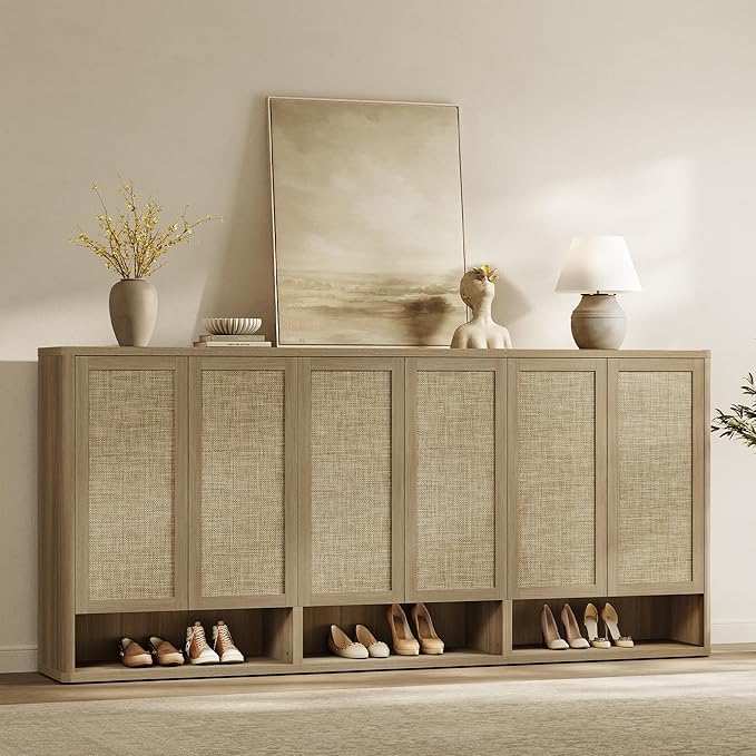 SICOTAS Rattan Shoe Storage Cabinet - Modular Shoe Cabinets with Door Tall Large Shoe Cabinet Storage for Entryway - 96.8" Wide Modular Cabinet for Hallway, Living Room