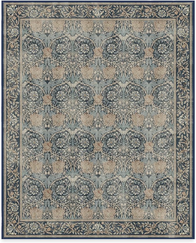 RUGGABLE x Morris & Co Machine Washable Area Rug – Honeysuckle & Tulip Blue 8x10, Stain-Resistant, Non-Slip – Large Rugs for Living Room, Bedroom, Hallway, Entryway & Office–with Cushioned Pad