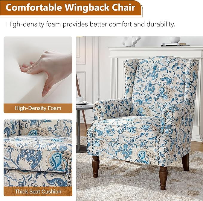 Floral Wingback Accent Chairs Set of 2, High Back Upholstered Armchair, Comfy Fabric Wingback Arms Chairs with Retro Solid Wood Legs, Single Sofa Reading Chair for Bedroom Living Room, Boho Blue