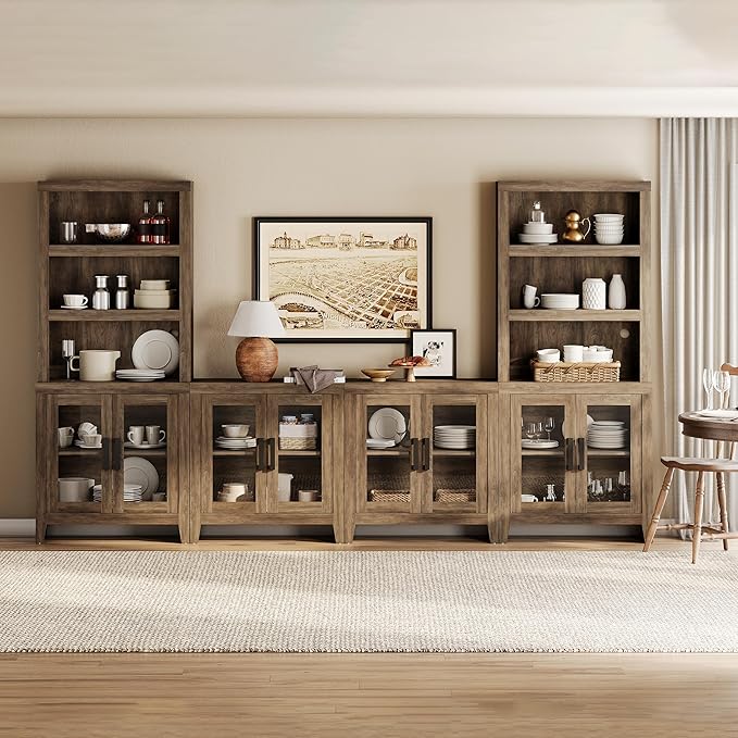 WAMPAT Farmhouse Entertainment Center with Bookshelves, 4-Piece Modular TV Stand with Storage Towers, Glass Doors, Open Shelves, Media Console for Living Room, Home Theater, Brown