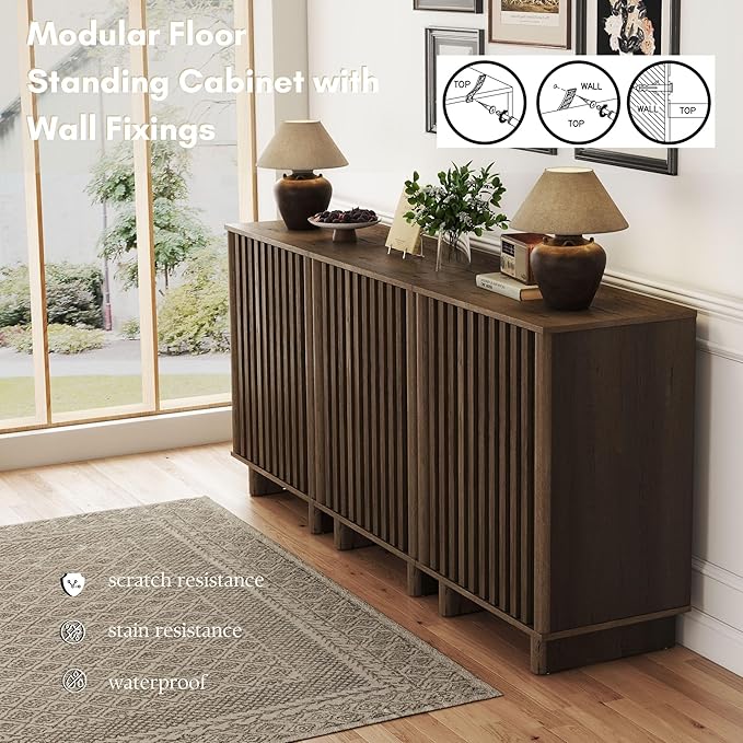 Sideboard Buffet Cabinet with Storage, Walnut Freestanding Floor Cabinet Farmhouse Sideboard with 2 Fluted Doors Wooden Hallway Cabinet Media Console Table Credenza for Living Room Dining Room, 2PCS