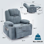 Oversized Swivel Rocker Recliner Chair with Heat and Massage, Large Big Recliner Chair for Living Room, 360 Degree Swivel Rocking Single Sofa with Cup Holders and USB Port(Fabric, Blue)