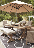Signature Design by Ashley Beachcroft Modern Farmhouse Outdoor Rectangular Dining Table with Porcelain Table Top, Seats 6 to 8, Umbrella Hole with Cap, Beige