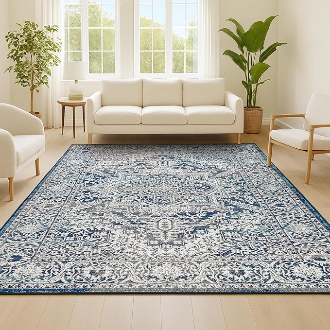 JONATHAN Y Modern Vintage Medallion Navy/Light Gray Indoor Area Rug, 9x12, Country, Floral, Easy-Cleaning for Living Room, Bedroom, Kitchen, Pet Friendly, Non-Shedding (MDP100B-9)
