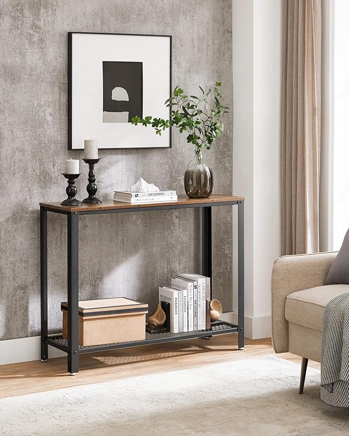 VASAGLE Set of 2 Narrow Sofa Console Tables, 2-Tier Entryway Tables with Mesh Shelf, Steel Frame, Adjustable Feet, for Hallway, Living Room, Industrial Style, Rustic Brown and Black ULNT80X-2J