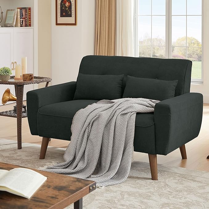 48" Small Loveseat Sofa, Mid Century Modern Love Seat Couch with Back Cushions and Plastic Legs, 2 Seater Couches for Living Room, Bedroom, Small Spaces