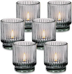 Kate Aspen Ribbed Glass Candle Holder Set - 6 Smoke Gray Tealight Holders for Home, Kitchen, Room or Living Room Decor - Vintage Tea Light Votive Accent for Table or Shelf Styling (Pack of 6)