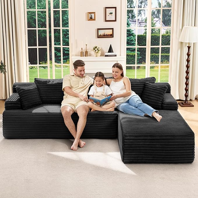 Hobestluk Modular Sectional Couch Sofa, 108" Boneless Couches for Living Room, Memory Foam Sectional Couch with Oversized Chaise,L-Shape Couches (Black, Right Facing)