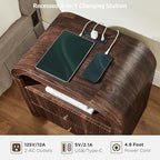 T4TREAM Fluted Nightstand with Charging Station, 24" Large 2 Drawers Bedside Table, Modern End Table with Storage Night Stand for Bedroom, Living Room, Round Curved Corner Design, Dark Walnut