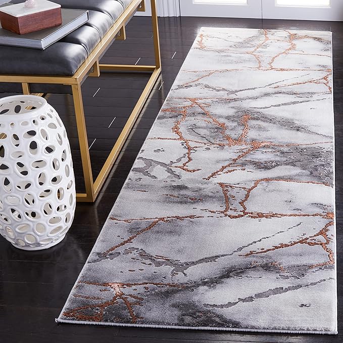 SAFAVIEH Craft Collection Runner Rug - 2'3" x 18', Grey & Orange, Modern Abstract Marble Pattern Design, Non-Shedding & Easy Care, Ideal for High Traffic Areas in Living Room, Bedroom (CFT877P)