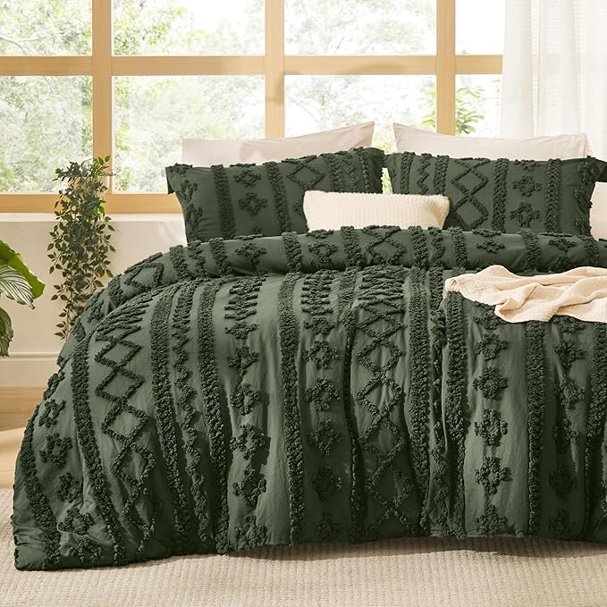 Bedsure Tufted Boho Comforter Set Queen Size - Olive Green Boho Bed Set, GentleSoft™ 3 Pieces Farmhouse Shabby Chic Embroidery Bedding, Gifts for Woman, Soft Jacquard Queen Comforter for All Seasons
