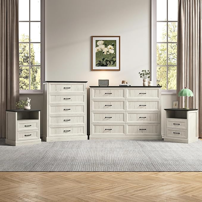 Farmhouse Dresser and Nightstand Sets, 4Pcs Bedroom Furniture Set, Nightstand Set of 2 & 55" Wide 8 Drawer and 44" Tall 5 Drawer Dresser with Large Drawers & Bar Handles, White