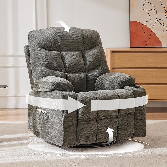 Manual 360°Swivel Rocker Recliner Chair,Single Recliner Seat with Cup Holders,Recliner Chairs for Adults, Upholstered Fabric Lazy Boy Recliner for Bedroom,Living Room,Dark Grey