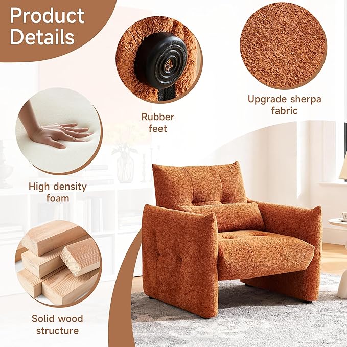 33.9" Accent Chairs, Modern Upgrade Sherpa Fabric Arm Chair Comfy Upholstered Armchair Leisure Single Sofa Chair with a Waist Pillow for Bedroom, Office and Living Room