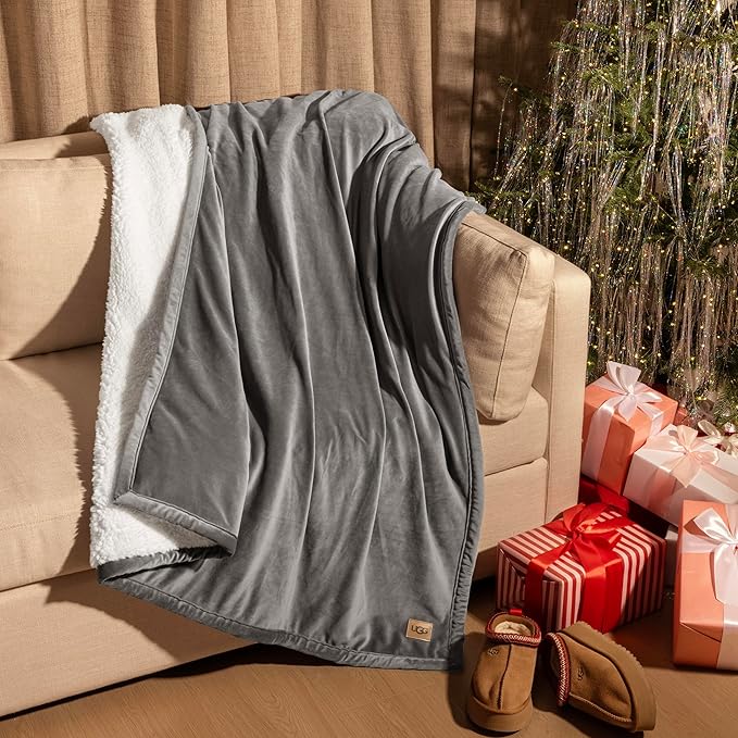 UGG Bliss Throw Blanket Plush Soft Fleece Fluffy Blankets for Bed or Couch Oversized Warm Reversible Machine Washable Medium Weight Home Decor Giftable Throw, 50-inch x 70-inch, Charcoal Grey