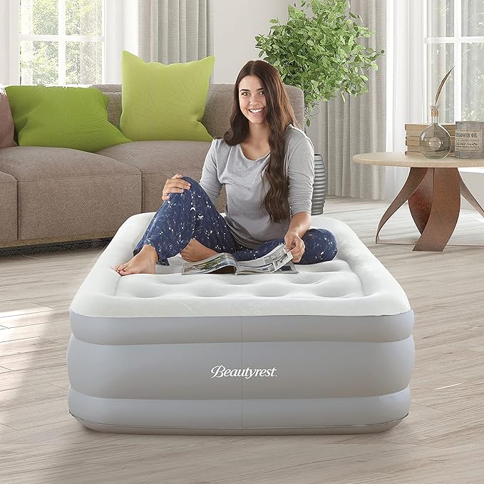 Beautyrest Skyrise Twin Size Air Mattress with Coil Beam Construction, Edge Support with External Pump and Puncture Resistant Vinyl for Guests and Camping