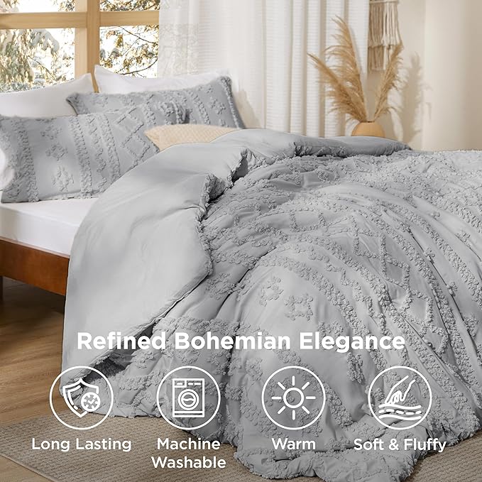 Bedsure Tufted Boho Comforter Set King Size - Light Grey Boho Bed Set, GentleSoft™ 3 Pieces Farmhouse Shabby Chic Embroidery Bedding, Gifts for Woman, Soft Jacquard King Comforter for All Seasons