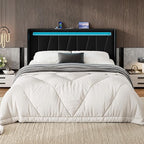 SHA CERLIN Full Size Bed Frame with Charging Station and LED Lights, Modern Velvet Platform Bed with Upholstered Geometric Wingback Headboard, No Box Spring Needed, Easy Assembly, Black