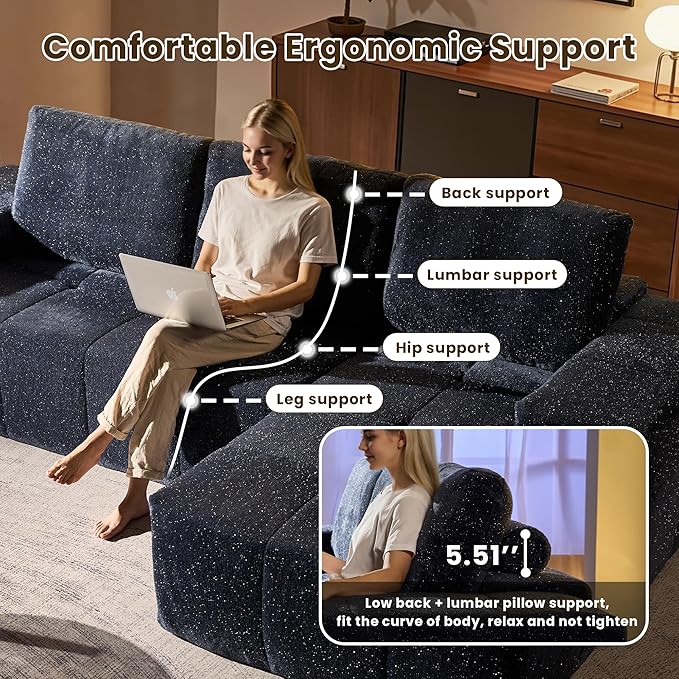 114" Glitter Cloud Sectional Couch with L-Shape Chaise, Modern Boneless Couches for Living Room, Fluffy Tufted Deep Seat Modular Sofa in a Box No Assembly