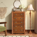 Vintage 5-Drawer Tall Dresser, Solid Wood Frame with Wood Veneer, Rustic Wooden Drawer Cabinet for Bedroom, Living Room, Dark Walnut, Dark Walnut