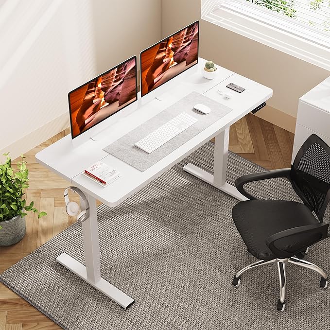 Adjustable Stand Up Desk with Memory Preset, 55 x 24 Inch Standing Desks Electric Desk for Home Office with Splice Board (White)