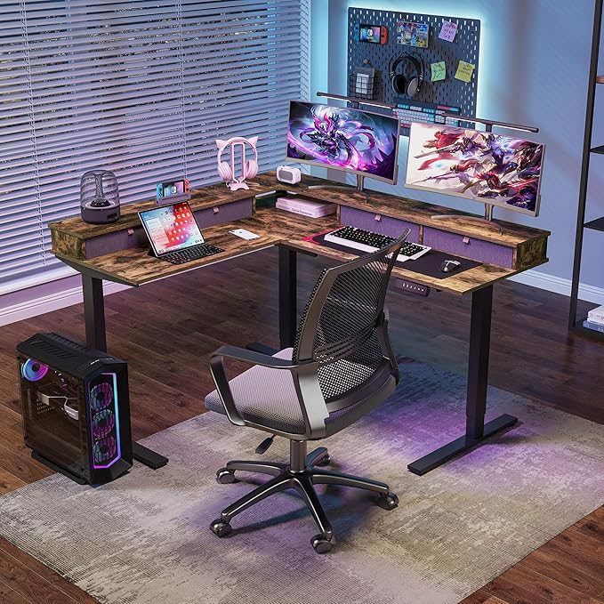 SANODESK 63" L Shaped Standing Desk with 4 Drawers, Height Adjustable Stand up Desk, Corner Gaming Desk with Monitor Stand, Black Frame/Rustic Brown Top