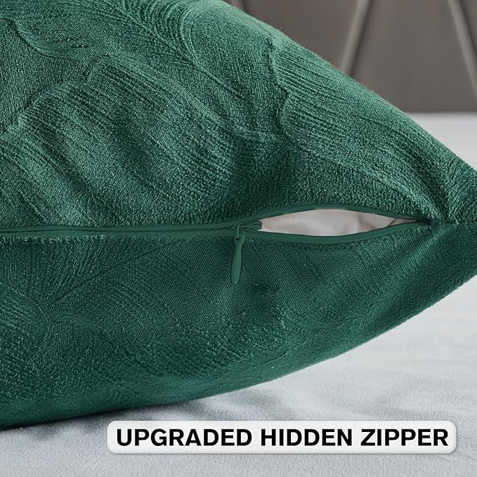 FUTEI Christmas Dark Green Velvet Throw Pillow Covers 16x16 Inch Set of 2,Soft Embossed Leaf-Relief Textured Cushion Cases,Natural Home Decor for Couch Living Room