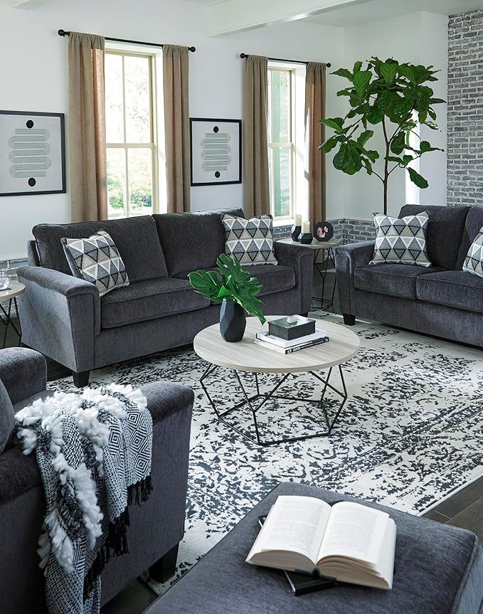 Signature Design by Ashley Abinger Chenille Contemporary Loveseat with 2 Accent Pillows, Dark Gray