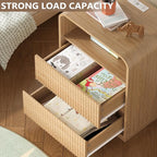 Dresser with 2 Drawers and Charging Station, Fluted Bedside Table with Round Curved Corner, Hidden Handles, 2 AC Outlets and 2 USB Ports, Modern Wood End Table with Open Shelf for Bedroom