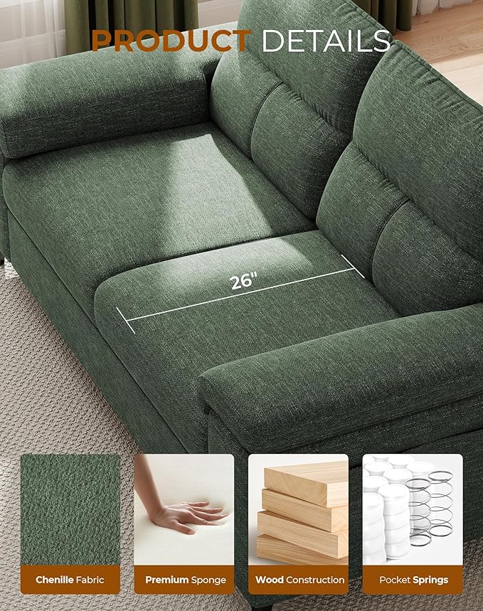 71.25" Modern Sofa Couch for Living Room, Deep Seat Sofas with 8”Cushion, Comfy 2-Seater Chenille Loveseat with Convertible Armrest, Removable Sofa Cover, High Leg(Green)