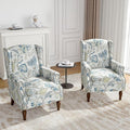 Floral Wingback Accent Chair Set of 2, High Back Upholstered Armchair, Comfy Fabric Wingback Arms Chairs with Retro Solid Wood Legs, Single Sofa Reading Chair for Bedroom Living Room, Plants Blue