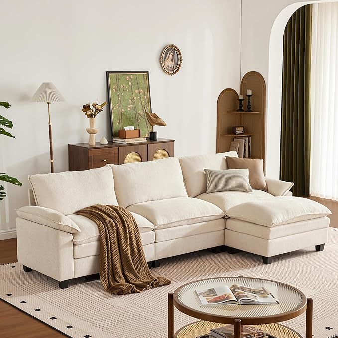 114 Inch Modular Couch Sectionals with Ottoman, Big Comfy Cloud Couches, L Shaped 4 Seat Modular Sectional Sofa, Modern Cloud Sectional Couches for Living Room, Deep Seat Sofa, Beige