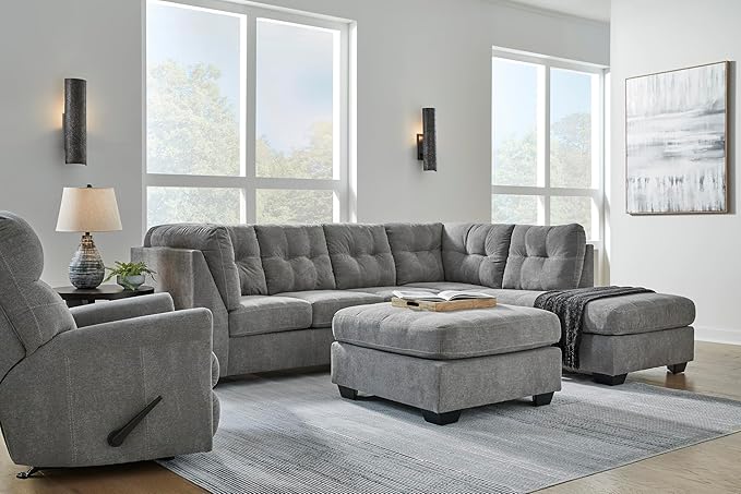 Signature Design by Ashley Marleton Contemporary Right-Arm Facing Tufted 2-Piece Sectional with Chaise and Loose Seat Cushions, Light Gray