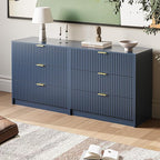 3-Piece Dresser Bedroom Set, 8 Drawer Dresser & 3 Drawer Nightstands with Gold Handles, Fluted Wood Chest of Drawers for Bedroom, Living Room, Entryway, Navy Blue