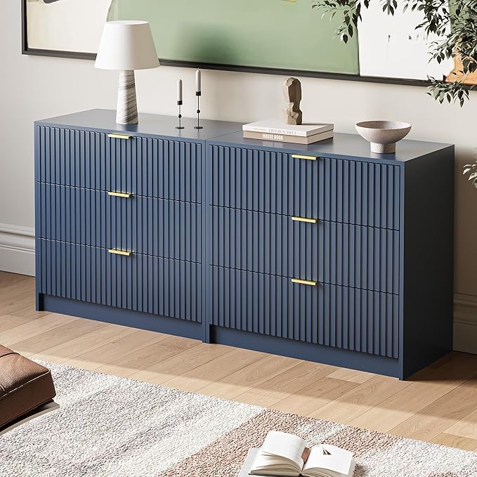 3-Piece Dresser Bedroom Set, 9 Drawer Dresser & 3 Drawer Nightstands with Gold Handles, Fluted Wood Chest of Drawers for Bedroom, Living Room, Entryway, Navy Blue
