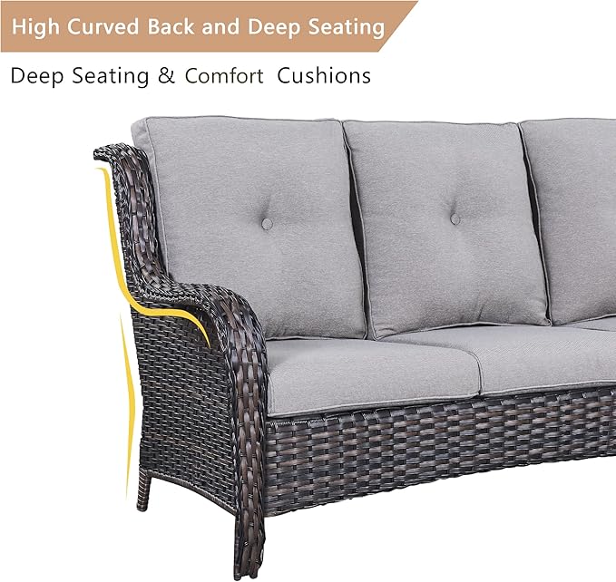 HUMMUH Patio Furniture 7 Pieces Outdoor Furniture Set PE Wicker Patio Couch with Swivel Glider Chairs,Patio Ottomans,Side Table