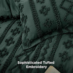 Bedsure Tufted Boho Comforter Set Queen Size - Dark Green Boho Bed Set, GentleSoft™ 3 Pieces Farmhouse Shabby Chic Embroidery Bedding, Gifts for Woman, Soft Jacquard Queen Comforter for All Seasons